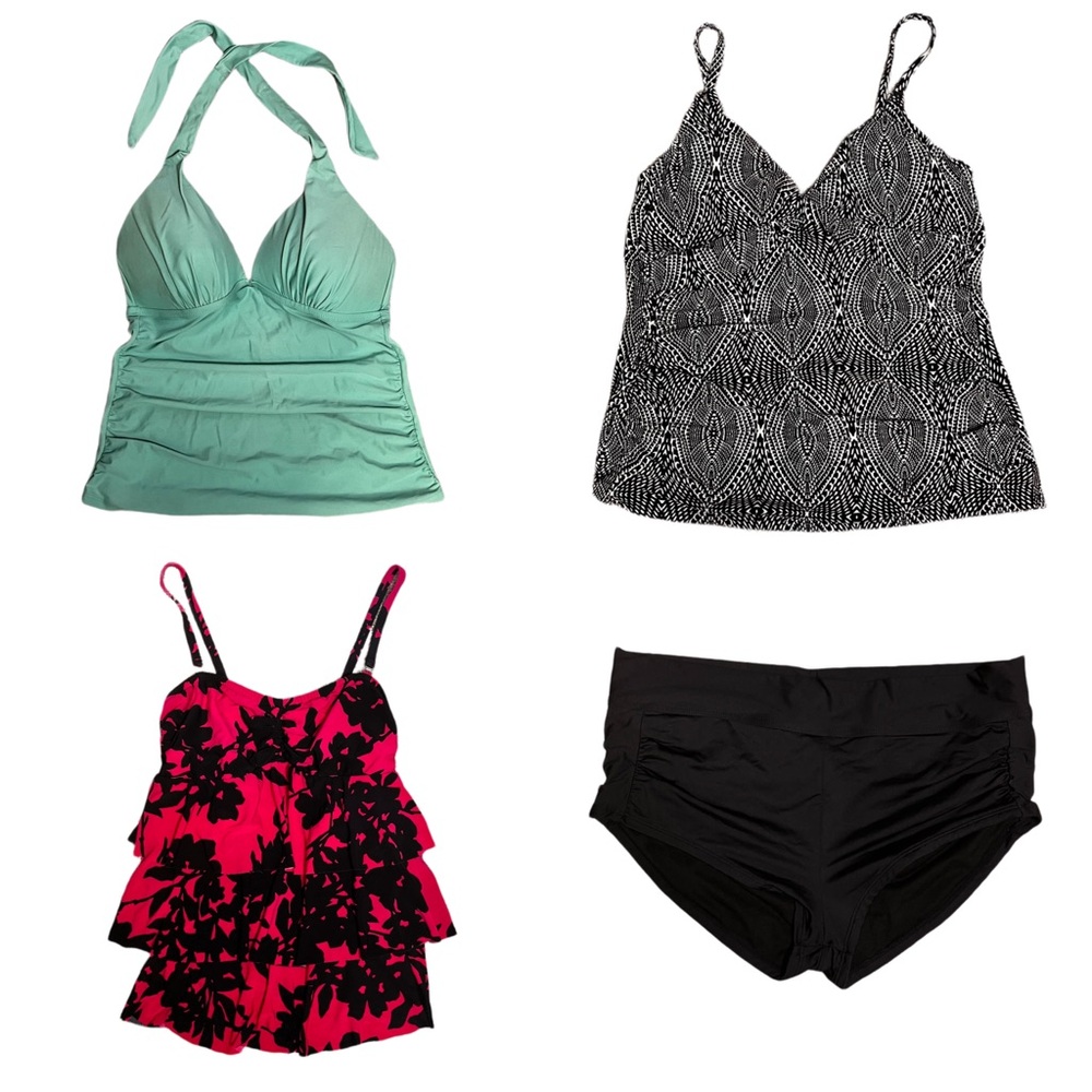 Kona Sol Aqua Green THREE Tankini Black Boy Short Swim Medium Large Lot Bundle